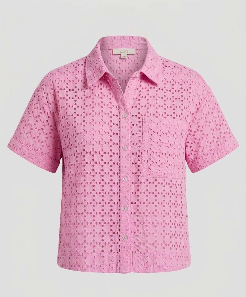 Marled Pink Eyelet Short-Sleeve Button-Down Shirt Size Medium